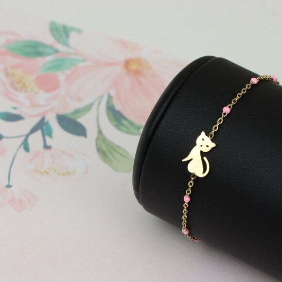Elegant Yellow Bracelet with Cute Cat Charm and Pink Bead Details, XPBL0656 - Picture 4 of 12